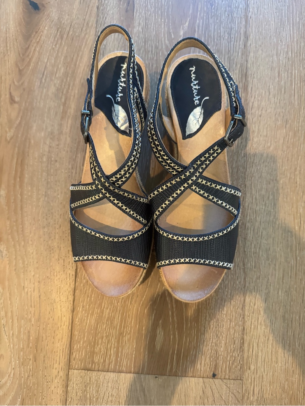 Nurture Lilithe Black Leather Cross-Stitch Wedge Sandals - Size 9